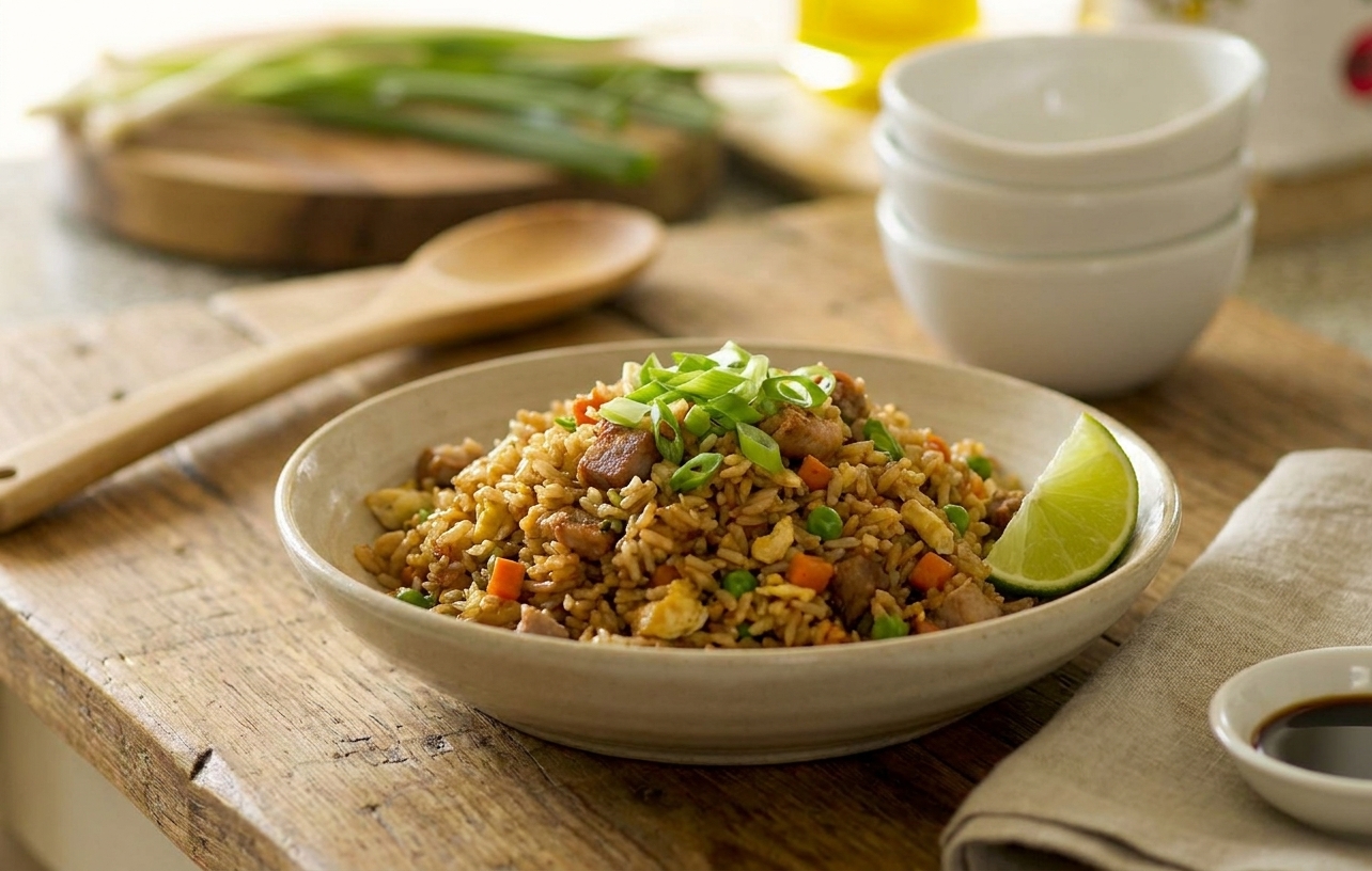 A shallow bowl of pork fried rice on a wooden table with scallions on top and a lime wedge on the side, cozy dinner table setting