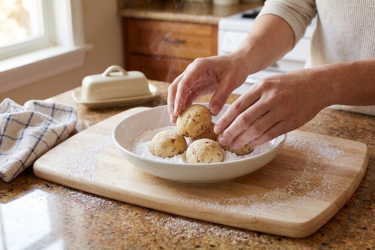 A shallow bowl of powdered sugar with a few warm snowball cookies being gently rolled to coat, set on a wooden counter