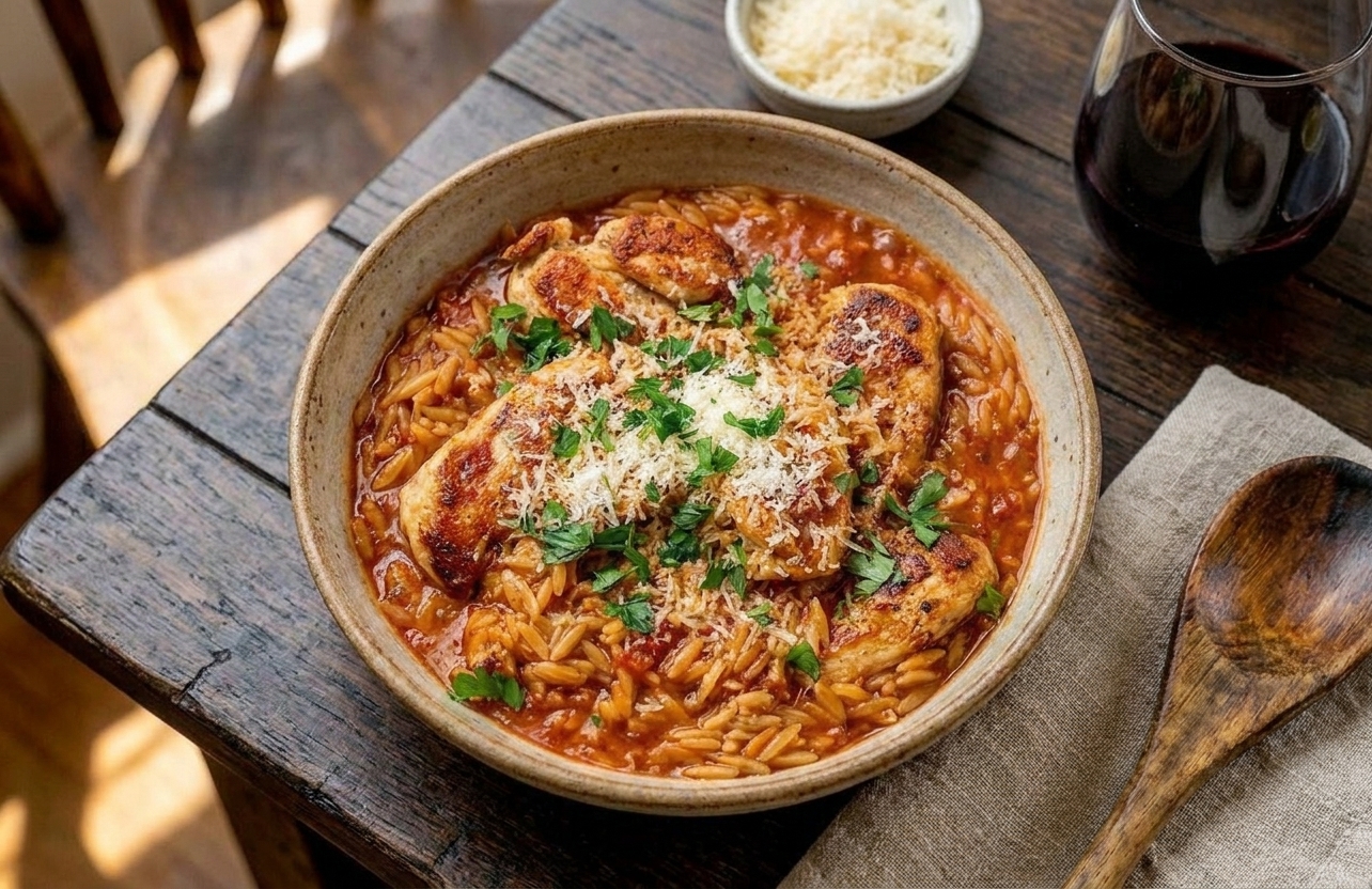 A shallow bowl of saucy chicken risoni with golden seared chicken pieces, parmesan shavings, and chopped parsley on a rustic dinner table with warm lighting