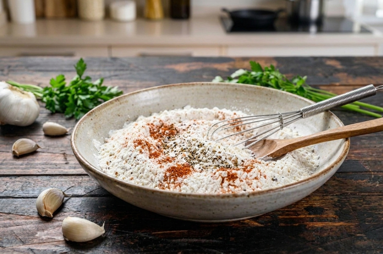 A shallow bowl of seasoned flour and cornstarch dredge with visible paprika and black pepper on a kitchen counter