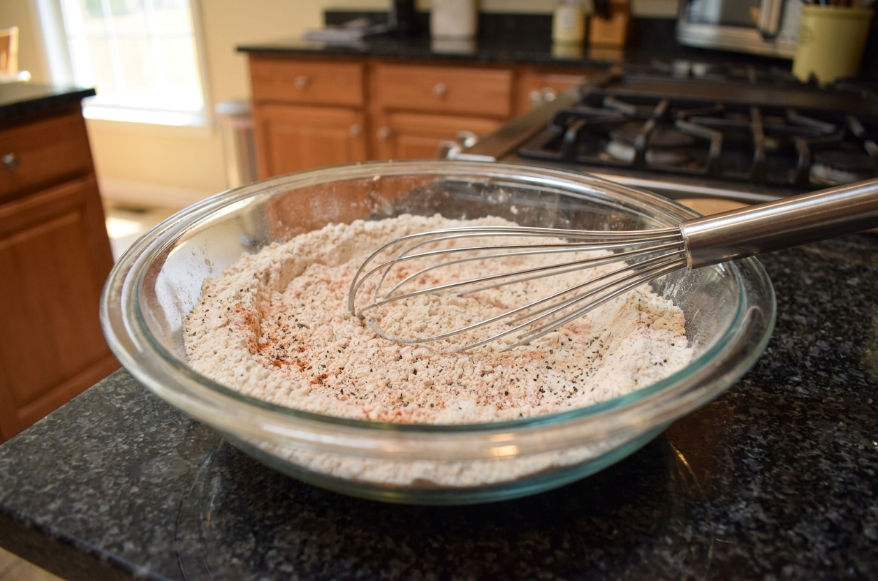 A shallow bowl of seasoned flour dredge with visible black pepper and paprika on a kitchen counter next to a whisk