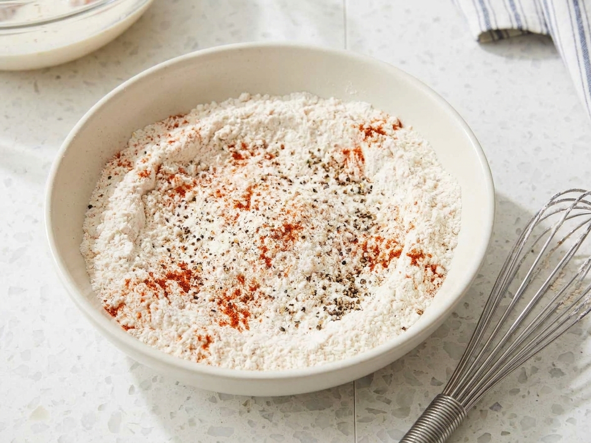 A shallow bowl of seasoned flour mixture with visible paprika and black pepper next to a whisk on a kitchen counter