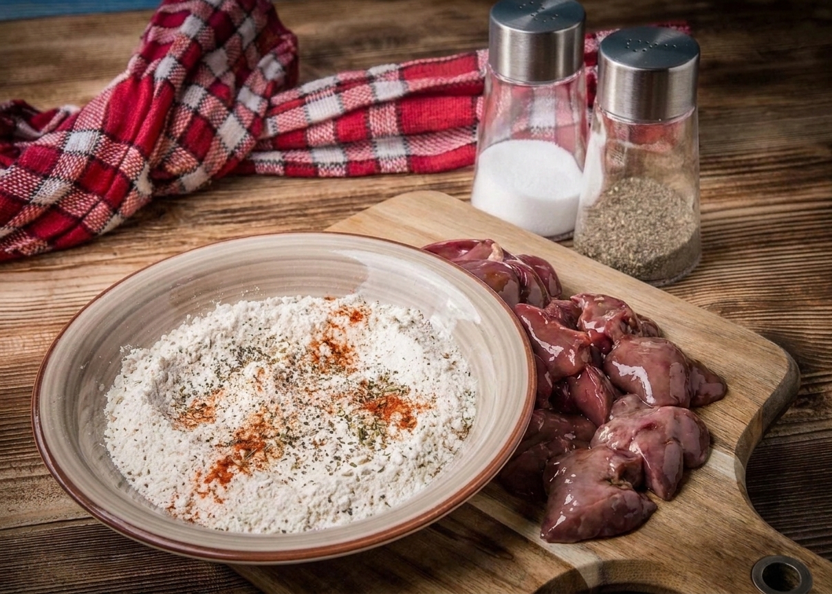 A shallow bowl of seasoned flour next to trimmed chicken livers on a cutting board, ready for dredging on a kitchen counter