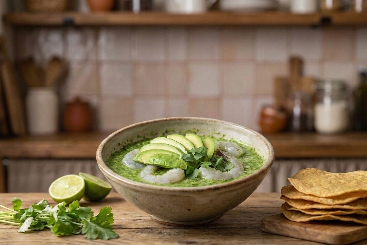 A shallow bowl of shrimp aguachile verde topped with avocado slices and cilantro, served with tostadas on a simple table setting
