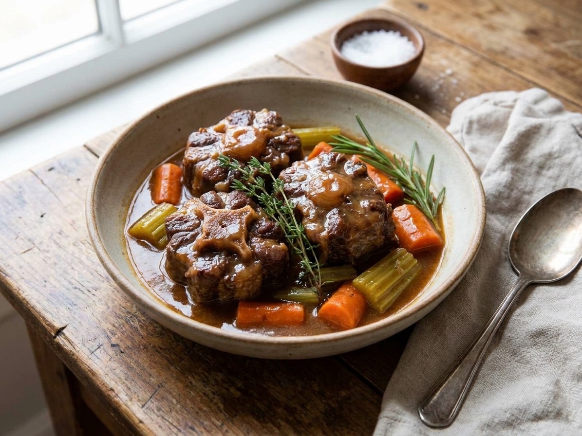 A shallow bowl of slow cooker oxtail with glossy brown gravy, carrots, and herbs, served on a rustic table with a spoon and linen napkin