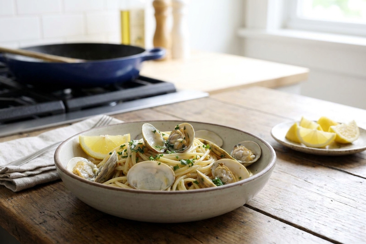 A shallow bowl of spaghetti alle vongole with opened clams, glossy garlicky sauce, chopped parsley, and lemon wedges on a simple wooden table