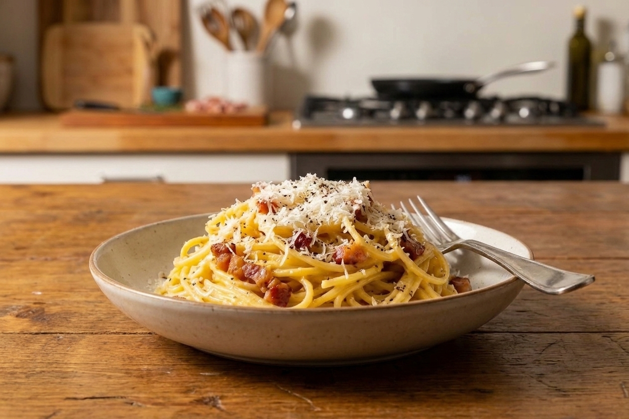 A shallow bowl of spaghetti carbonara with crispy pancetta, grated Parmesan, and cracked black pepper on a wooden table with a fork resting on the rim