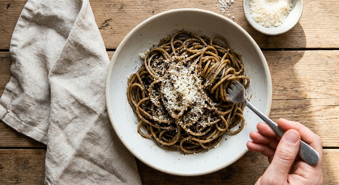A shallow bowl of spaghetti coated in glossy black garlic butter sauce, finished with grated Parmesan and cracked black pepper on a wooden table with a linen napkin
