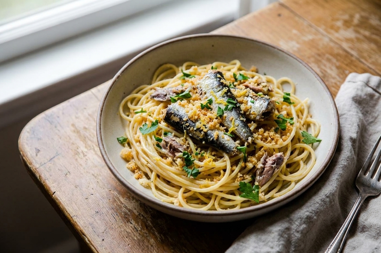 A shallow bowl of spaghetti topped with sardines, lemon zest, chopped parsley, and golden garlic breadcrumbs on a cozy kitchen table with soft natural light