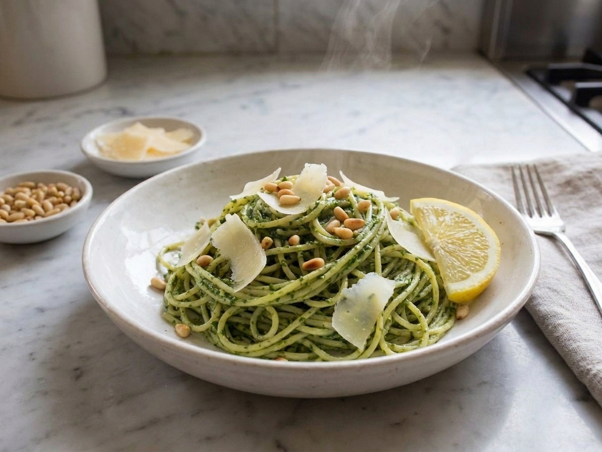 A shallow bowl of spaghetti tossed in vibrant green watercress pesto, topped with shaved Parmesan, toasted pine nuts, and a lemon wedge on a warm kitchen table