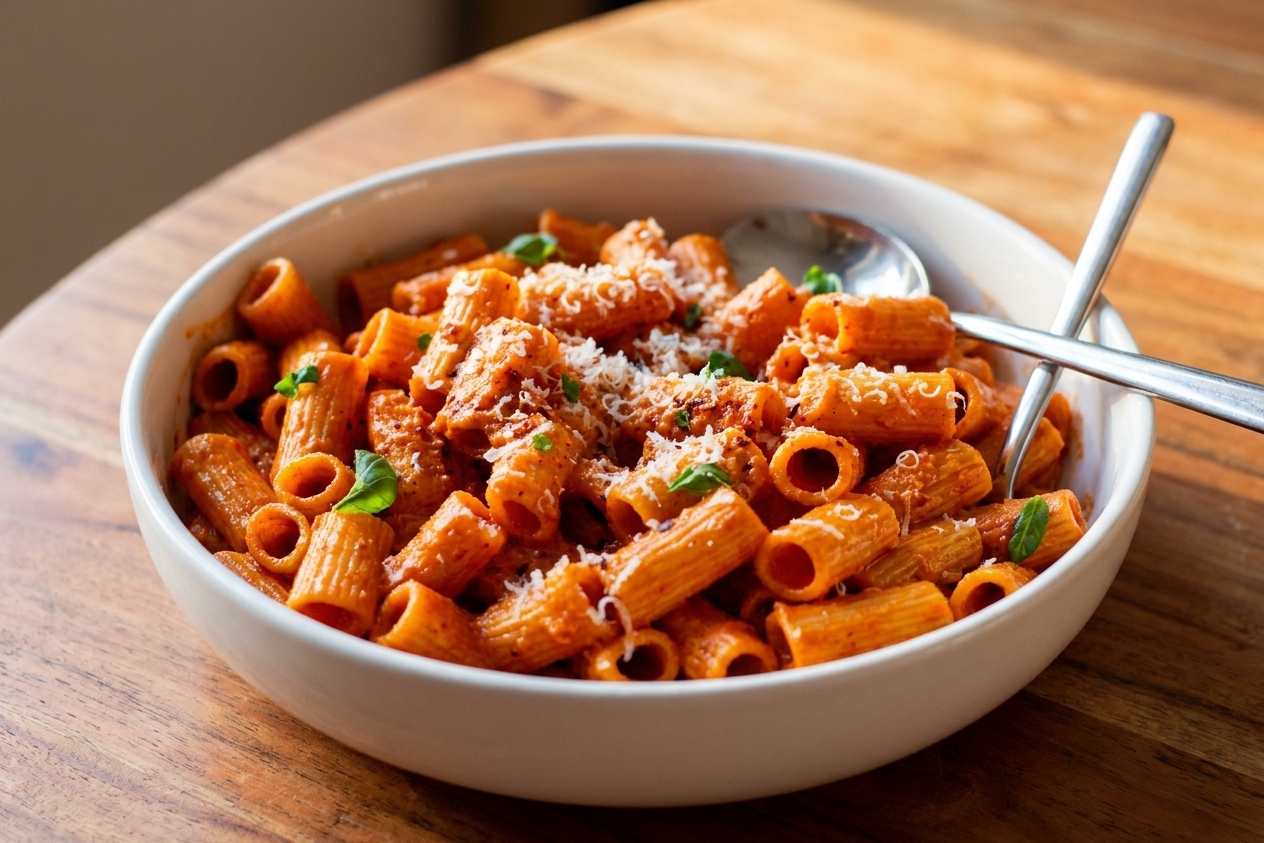 A shallow bowl of spicy vodka rigatoni topped with grated Parmesan and basil on a warm-toned wooden table with soft natural light