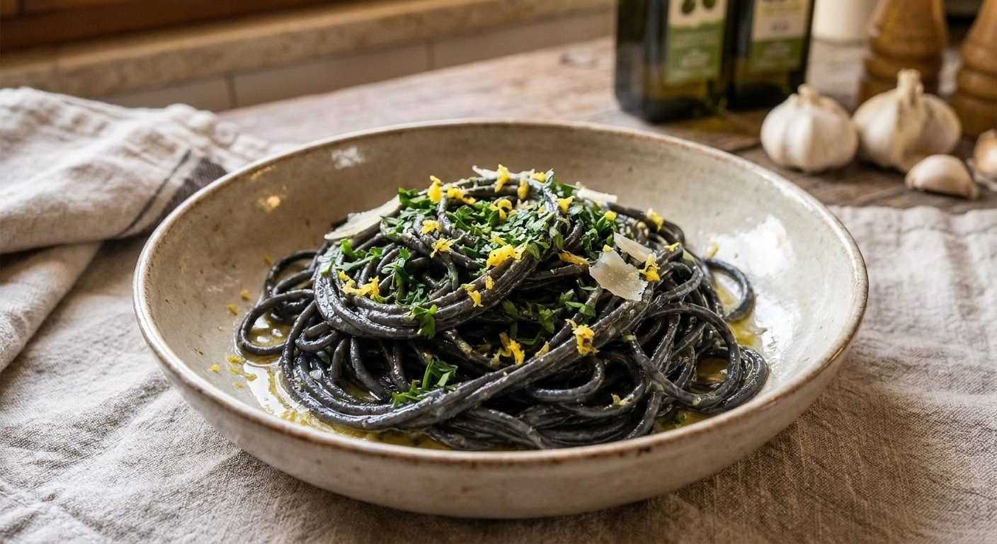A shallow bowl of squid ink spaghetti tossed in a glossy lemon butter sauce, topped with chopped parsley and lemon zest on a linen-covered table