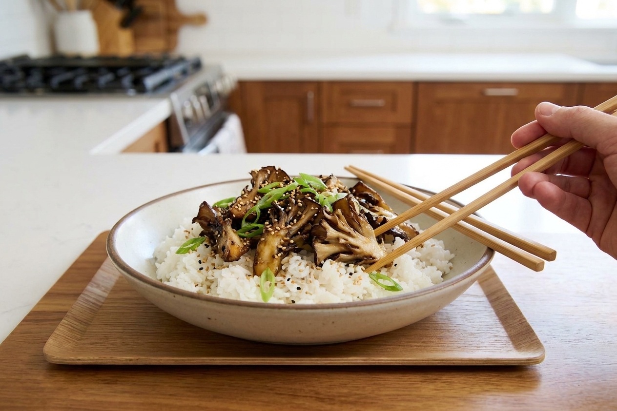 A shallow bowl of steamed rice topped with crispy maitake mushrooms, sliced scallions, and sesame seeds on a simple dinner table setting