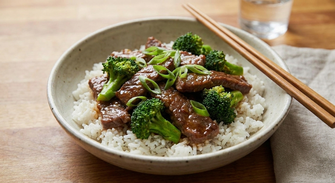 A shallow bowl of steamed white rice topped with glossy beef and broccoli stir fry, garnished with sliced scallions on a simple dinner table setting