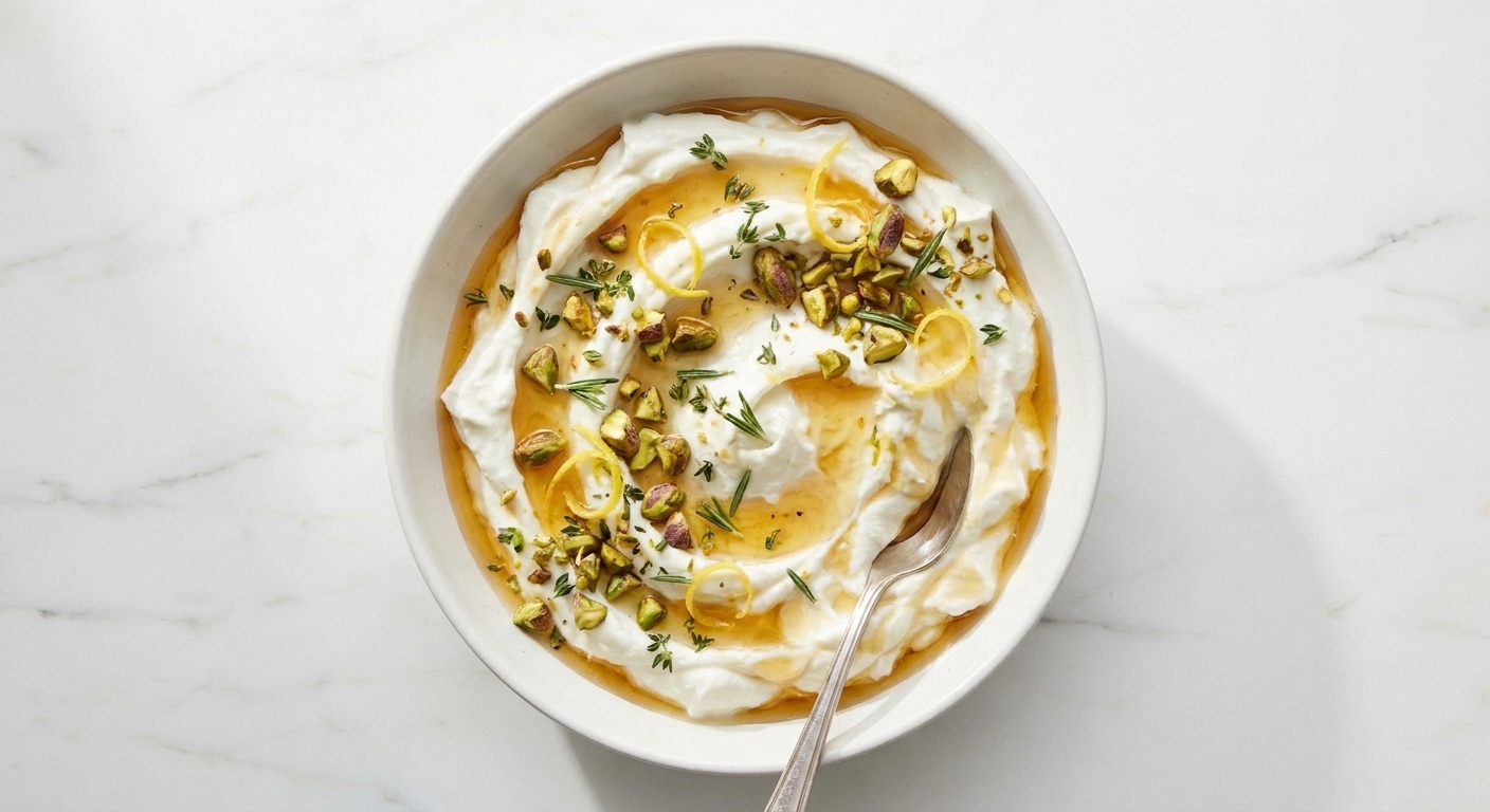 A shallow bowl of whipped goat cheese dip topped with hot honey, chopped pistachios, lemon zest, and fresh herbs on a light stone countertop