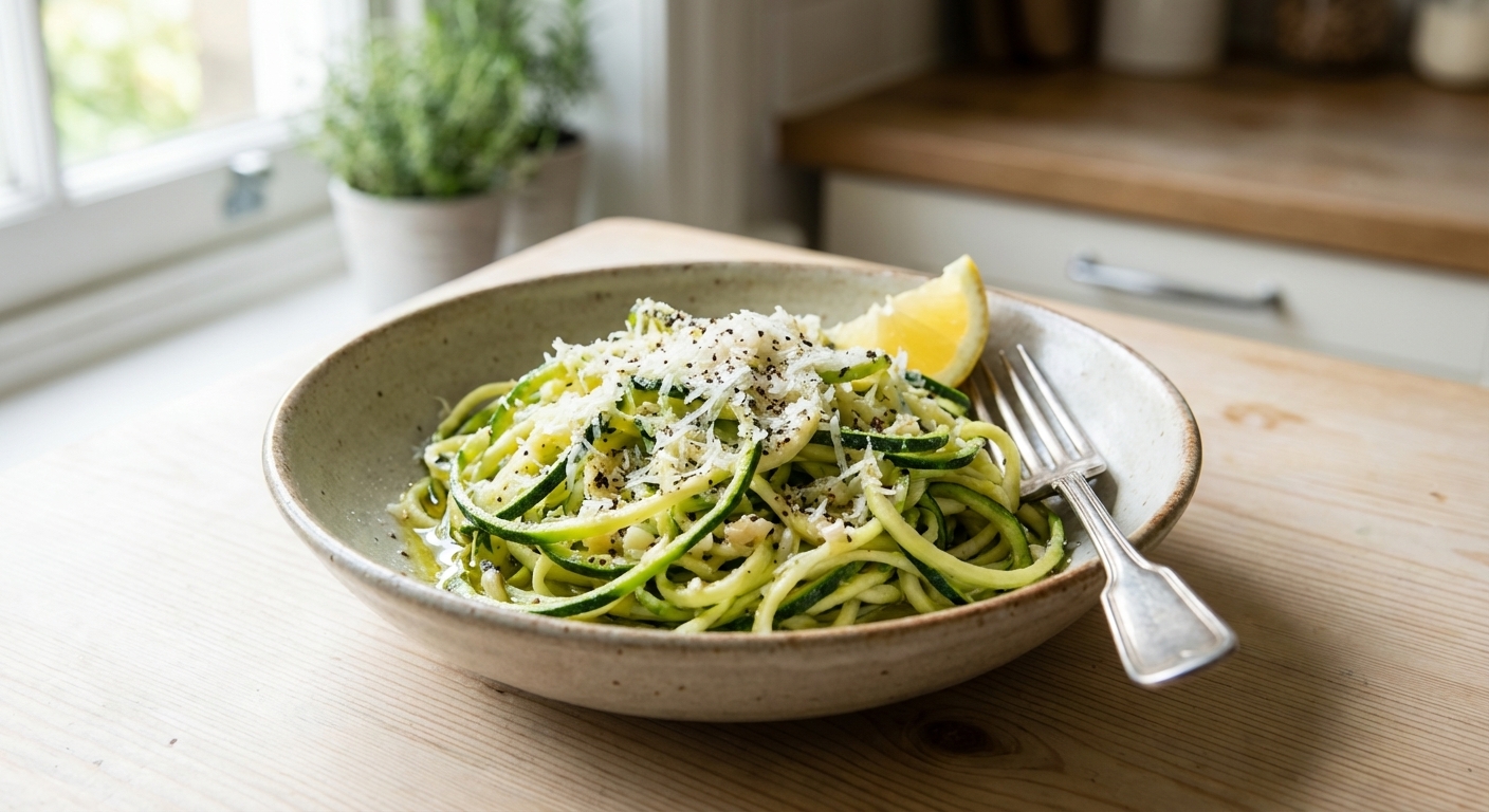 A shallow bowl of zucchini noodles tossed with garlic and olive oil, finished with freshly grated Parmesan and cracked black pepper, with a lemon wedge and a fork on a light kitchen table, natural window light, photorealistic food photography