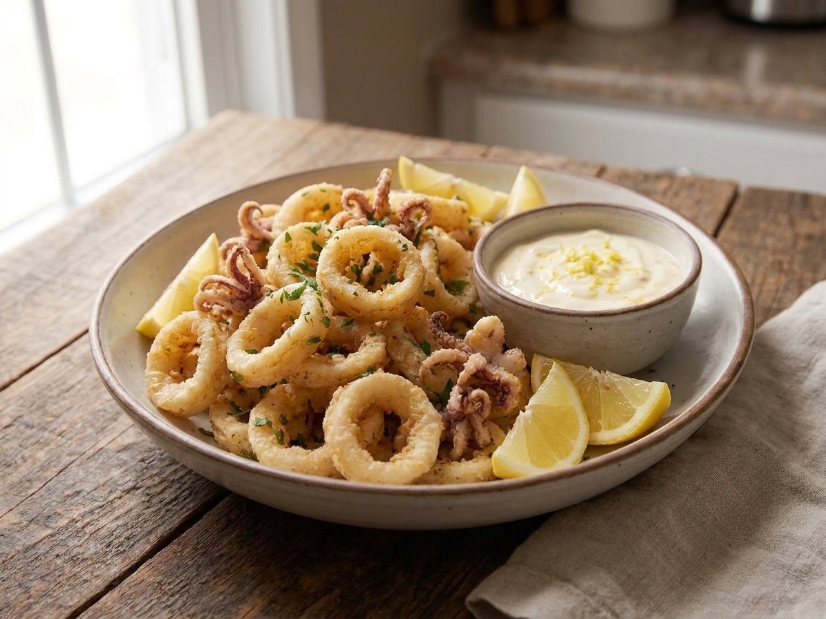 A shallow bowl piled with golden crispy calamari rings and tentacles, served with lemon wedges and a small ramekin of lemon garlic aioli on a simple wooden table