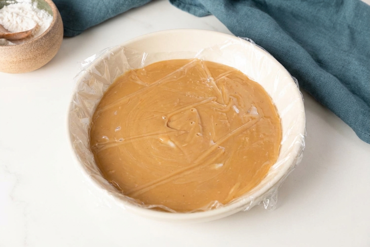A shallow bowl with vanilla binder paste spread out to cool with plastic wrap pressed directly onto the surface on a kitchen counter