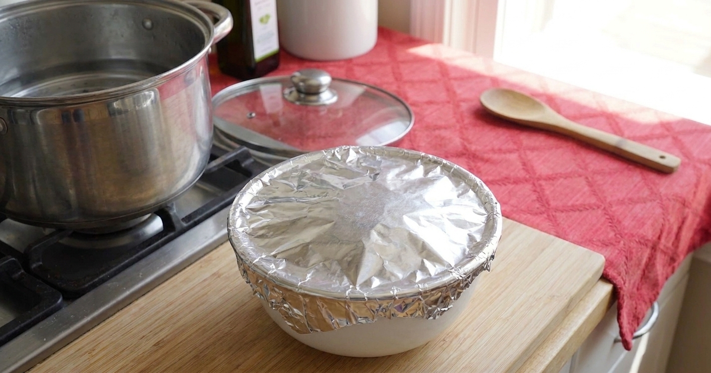 A shallow ceramic bowl covered tightly with aluminum foil, ready to be placed into a steamer