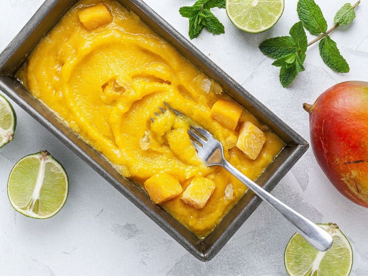 A shallow container of partially frozen mango sorbet being stirred with a fork