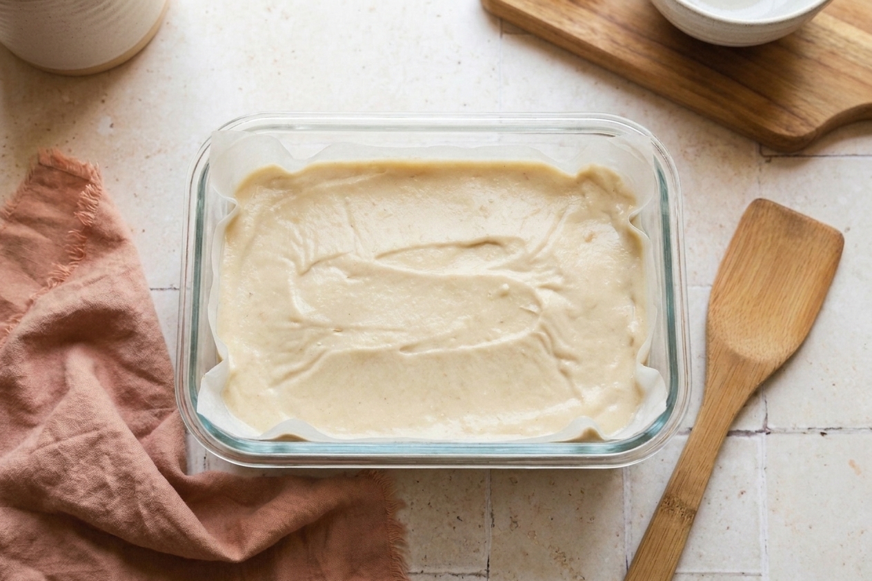 A shallow freezer-safe container filled with banana ice cream, smoothed flat with a spatula and covered with parchment pressed to the surface