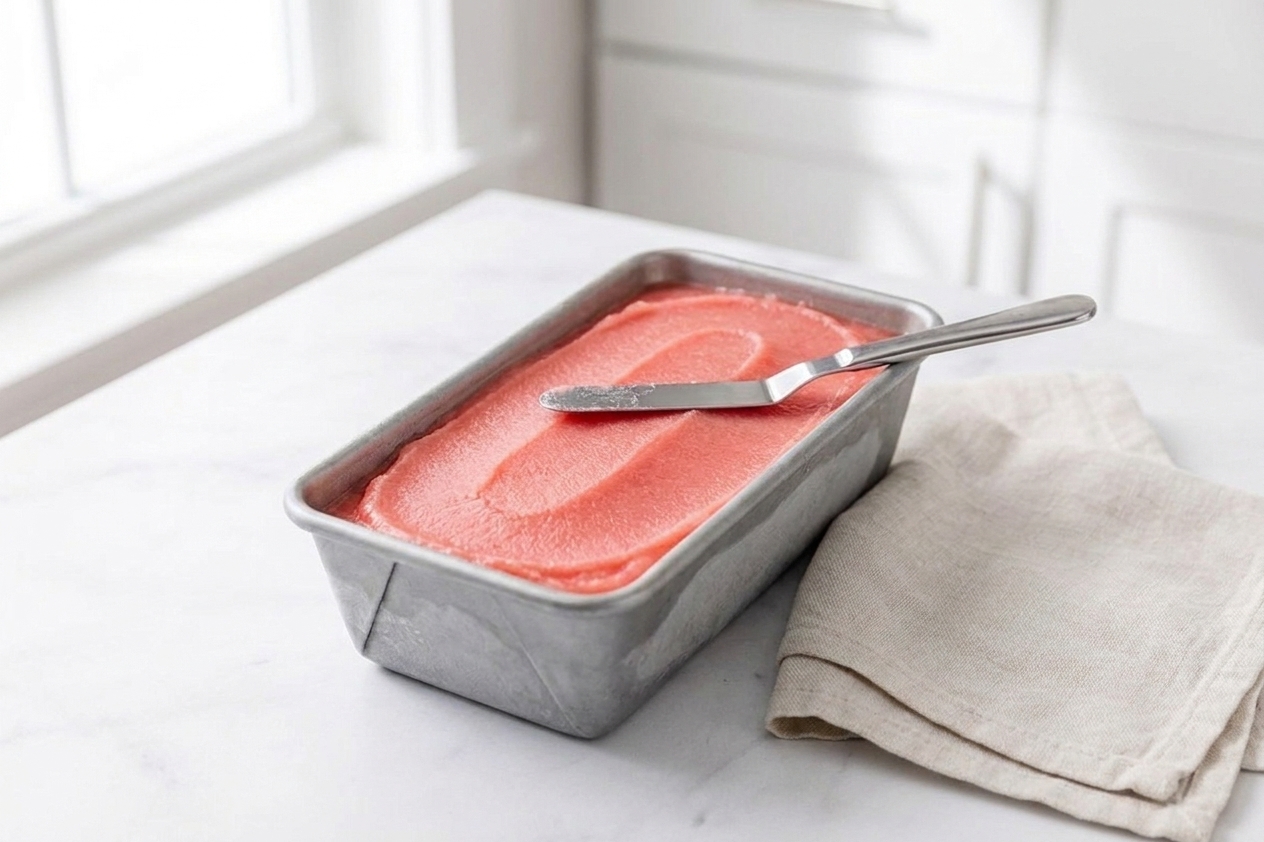 A shallow freezer-safe container filled with freshly blended watermelon sorbet, smoothed flat with a spatula on a kitchen counter