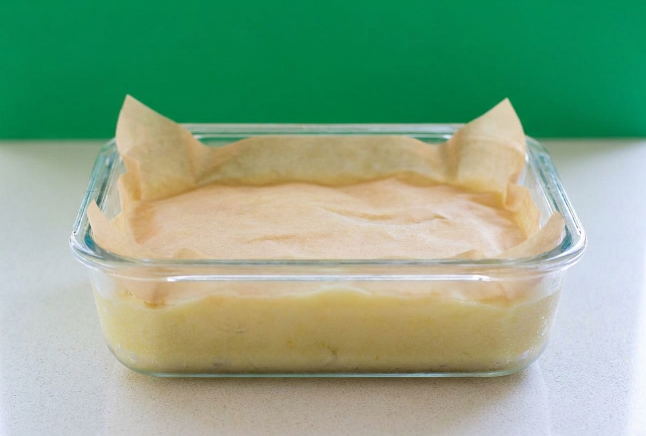 A shallow freezer-safe container filled with lemon sorbet with parchment paper pressed directly against the surface