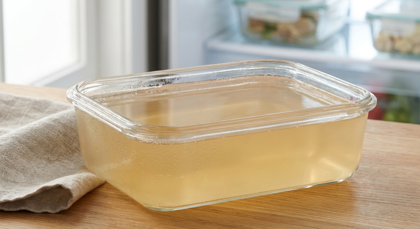 A shallow glass dish of set gelatin aspic broth in a refrigerator-ready container, smooth surface and pale golden color, real food photography