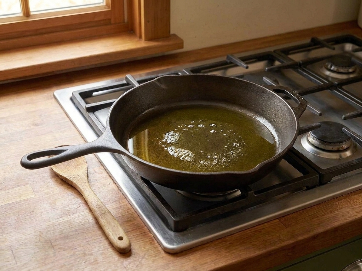 A shallow layer of oil heating in a large skillet on a home stove with a wooden spoon resting nearby