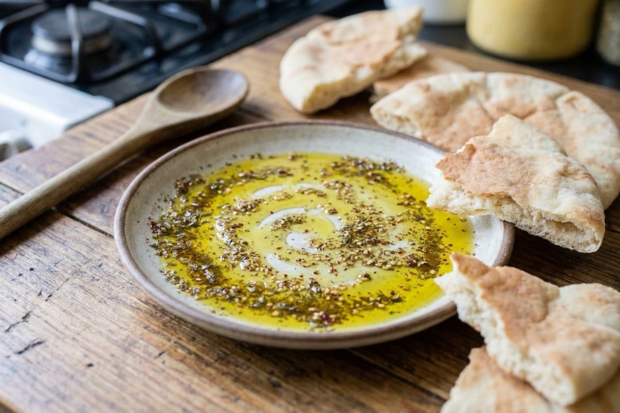 A shallow plate with olive oil and za'atar swirled together, served with warm pita bread on a wooden table