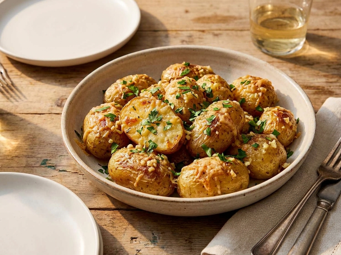 A shallow serving bowl filled with garlic Parmesan potatoes garnished with parsley, set on a wooden table with simple dinnerware in warm evening light