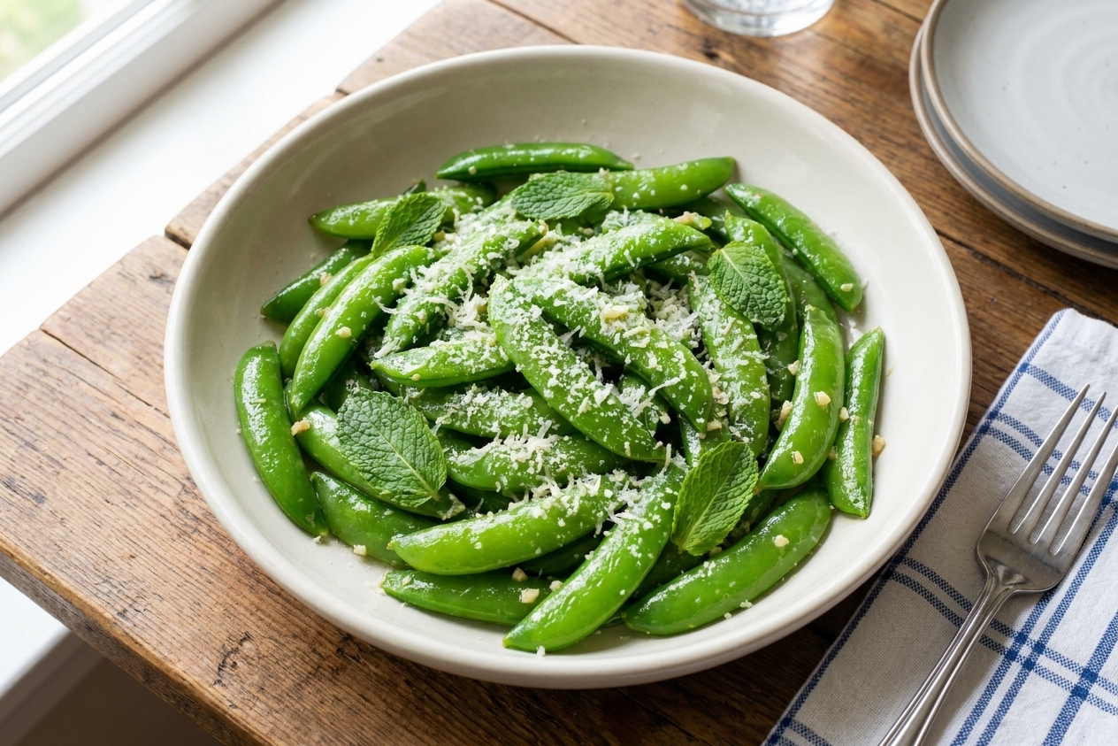 A shallow serving bowl filled with glossy garlic butter snap peas topped with grated Parmesan and a few mint leaves on a dinner table