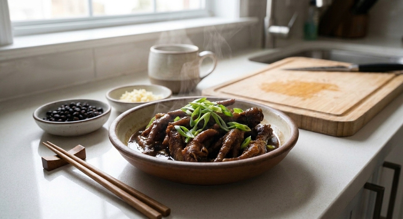 A shallow serving bowl of glossy braised chicken feet topped with sliced scallions on a kitchen counter, with small side dishes nearby