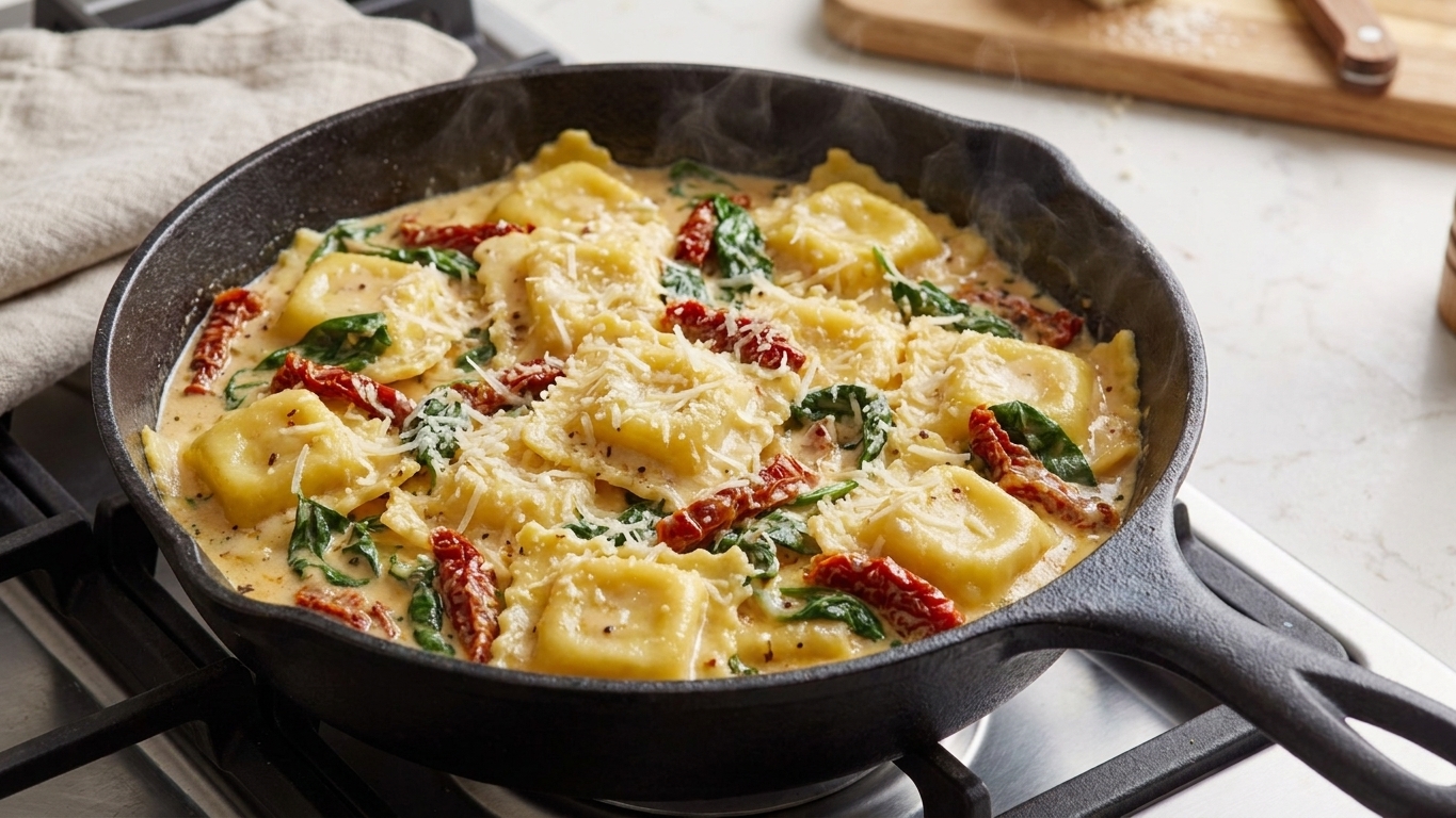 A shallow skillet filled with cheese ravioli coated in creamy sauce with sun-dried tomatoes and wilted spinach, finished with grated Parmesan on a stove
