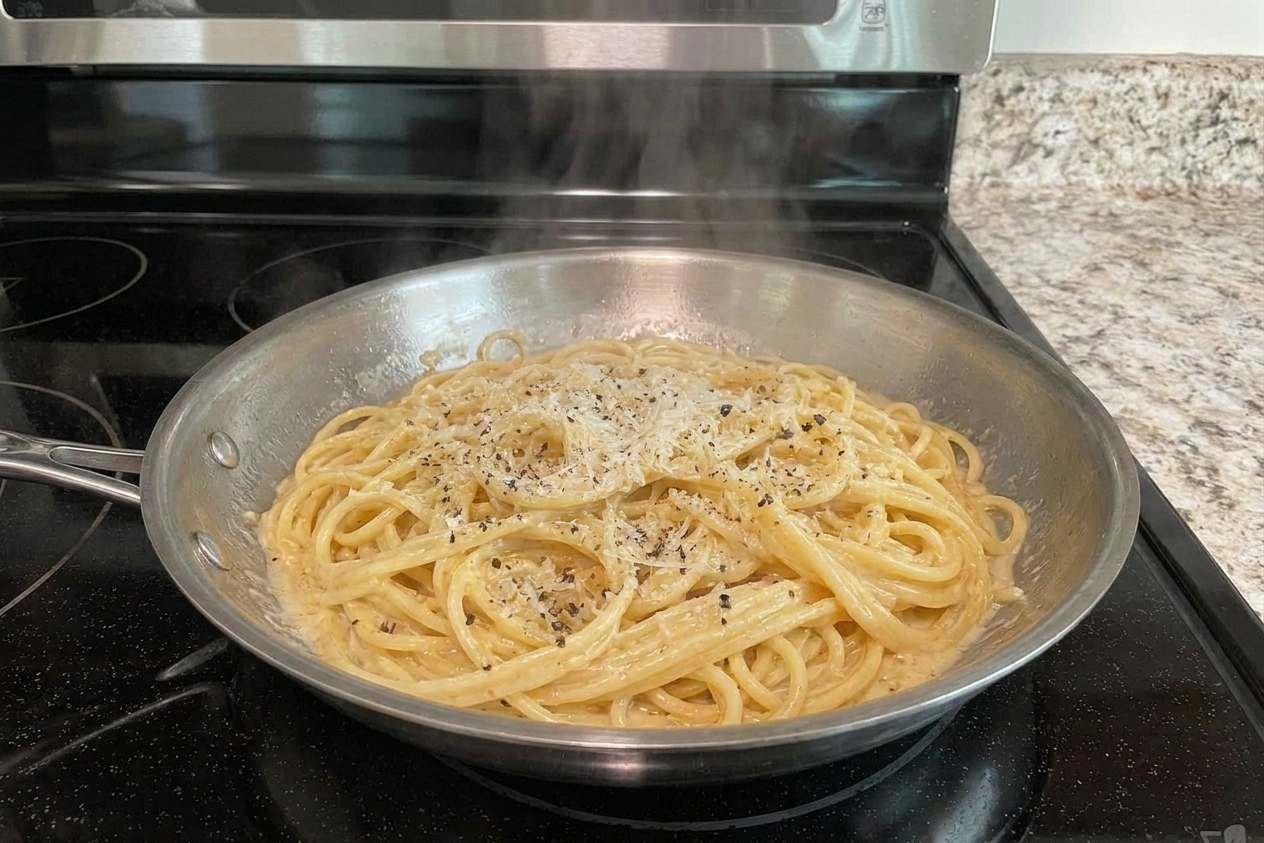 A shallow skillet filled with creamy garlic butter pasta, flecked with black pepper and grated Parmesan, on a home kitchen stove with warm lighting