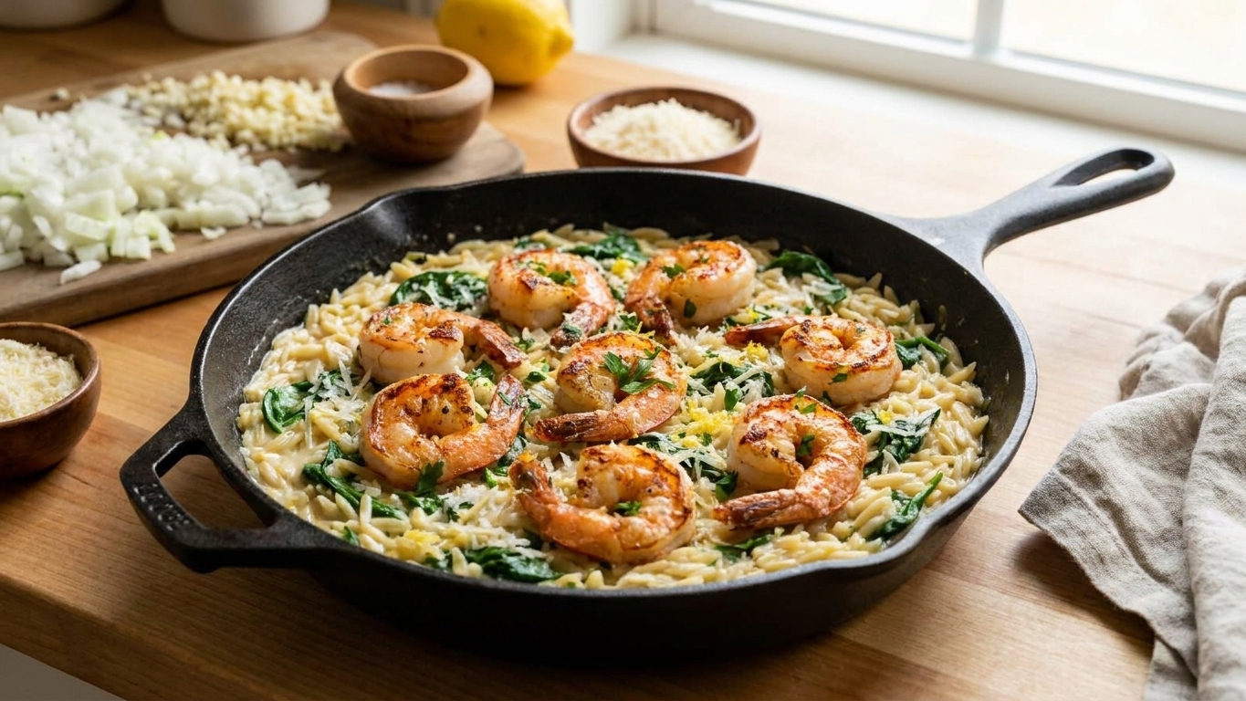 Creamy Lemon Garlic Shrimp Orzo