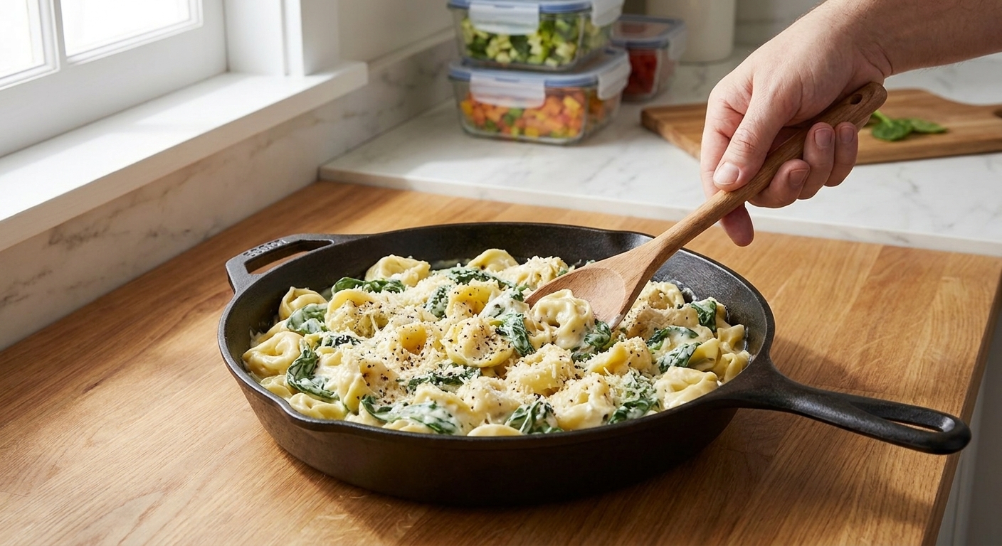 A shallow skillet filled with creamy spinach tortellini, speckled with Parmesan and black pepper, on a warm kitchen counter with soft natural light