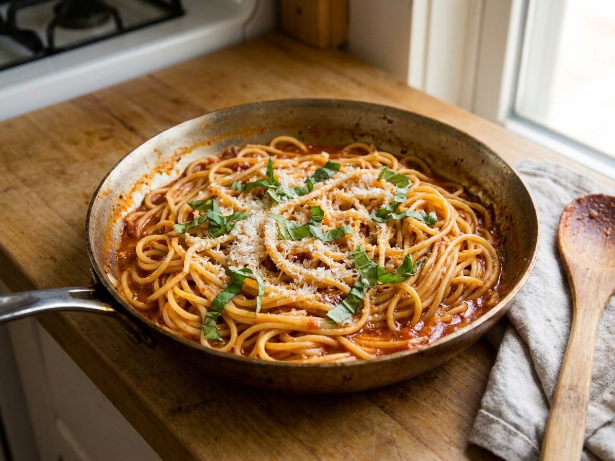 A shallow skillet filled with spaghetti tossed in a glossy tomato butter sauce, sprinkled with parmesan and fresh basil on a warm kitchen counter
