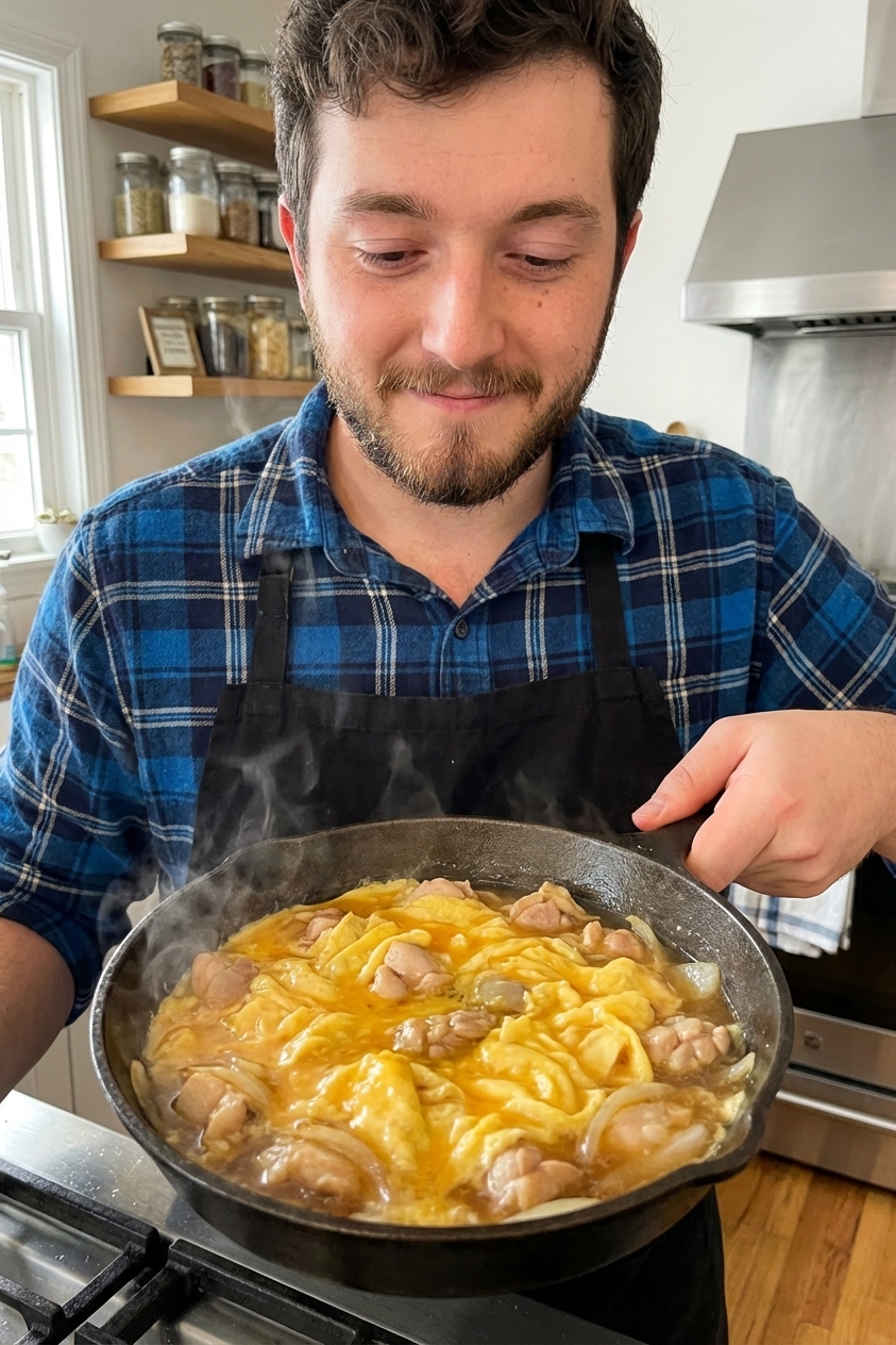A shallow skillet of oyakodon just after adding beaten eggs, showing soft egg ribbons setting around chicken and onions in a light brown broth