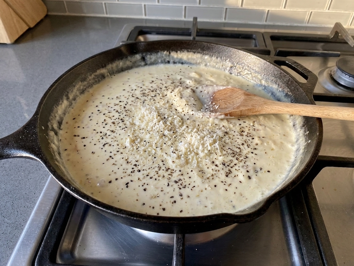 A shallow skillet on a stovetop filled with creamy Alfredo sauce, speckled with black pepper and grated Parmesan, with a wooden spoon resting in the pan