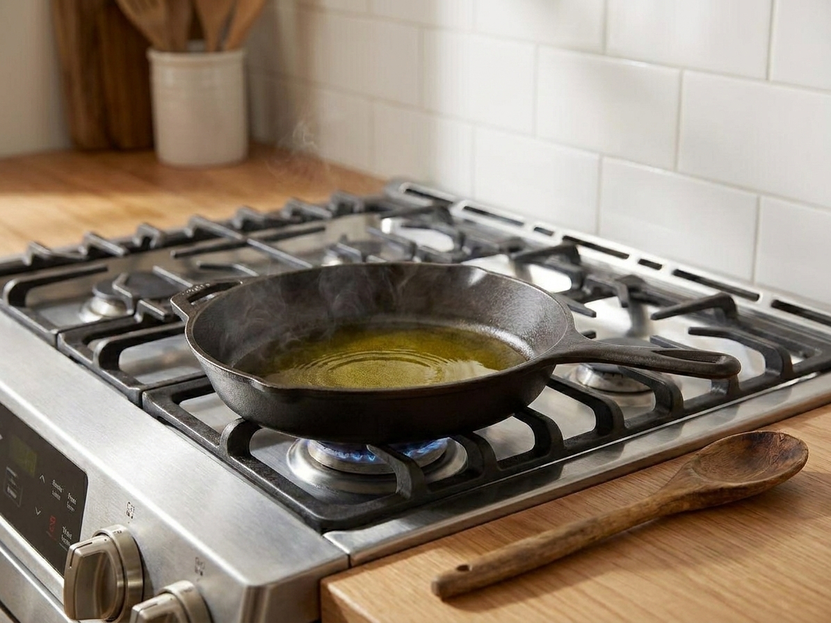 A shallow skillet with oil heating on a stovetop, with a wooden spoon resting nearby in a tidy home kitchen