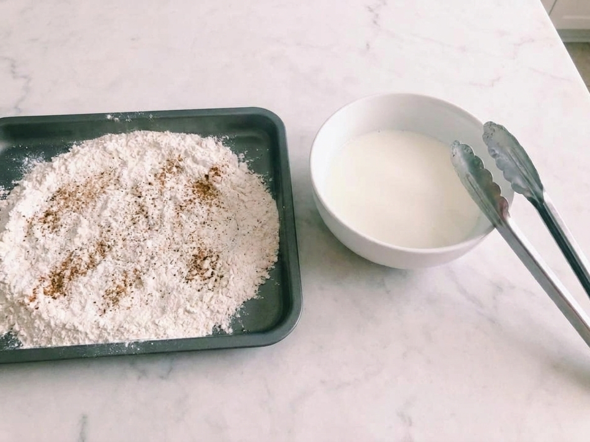 A shallow tray filled with seasoned flour mixture next to a bowl of buttermilk and a pair of tongs on a clean kitchen counter