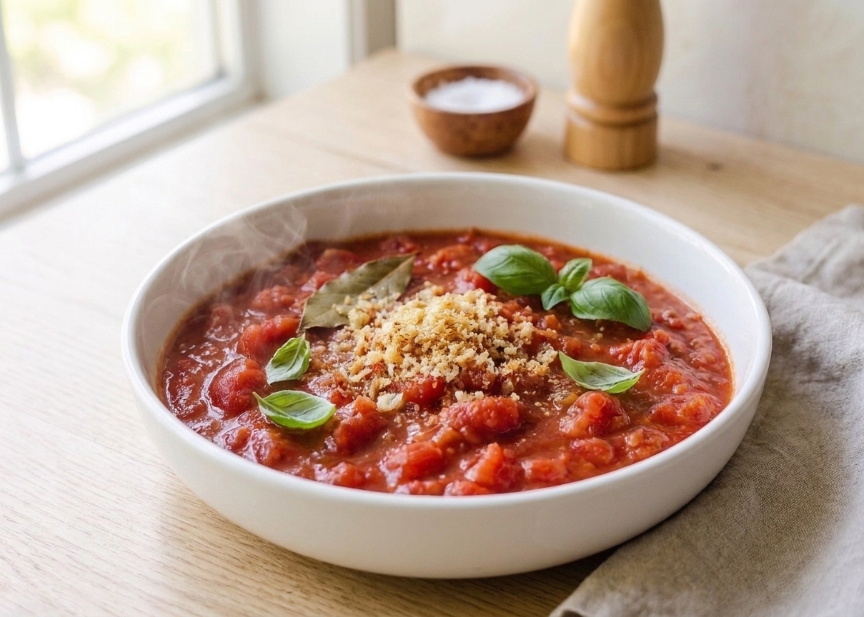 A shallow white bowl filled with classic stewed tomatoes, topped with buttery toasted breadcrumbs and fresh basil, sitting on a warm-toned kitchen table with soft natural light