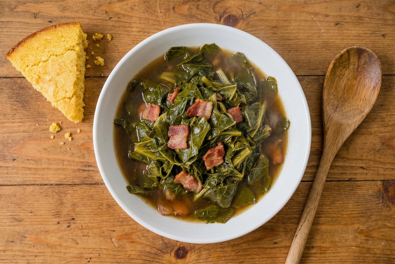 A shallow white bowl filled with glossy Southern-style turnip greens and small pieces of bacon, with a slice of cornbread on the side on a warm wooden table