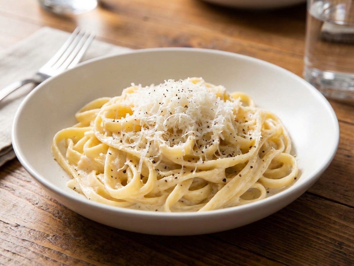 A shallow white bowl of creamy fettuccine Alfredo topped with freshly grated Parmesan and cracked black pepper on a warm-toned dinner table