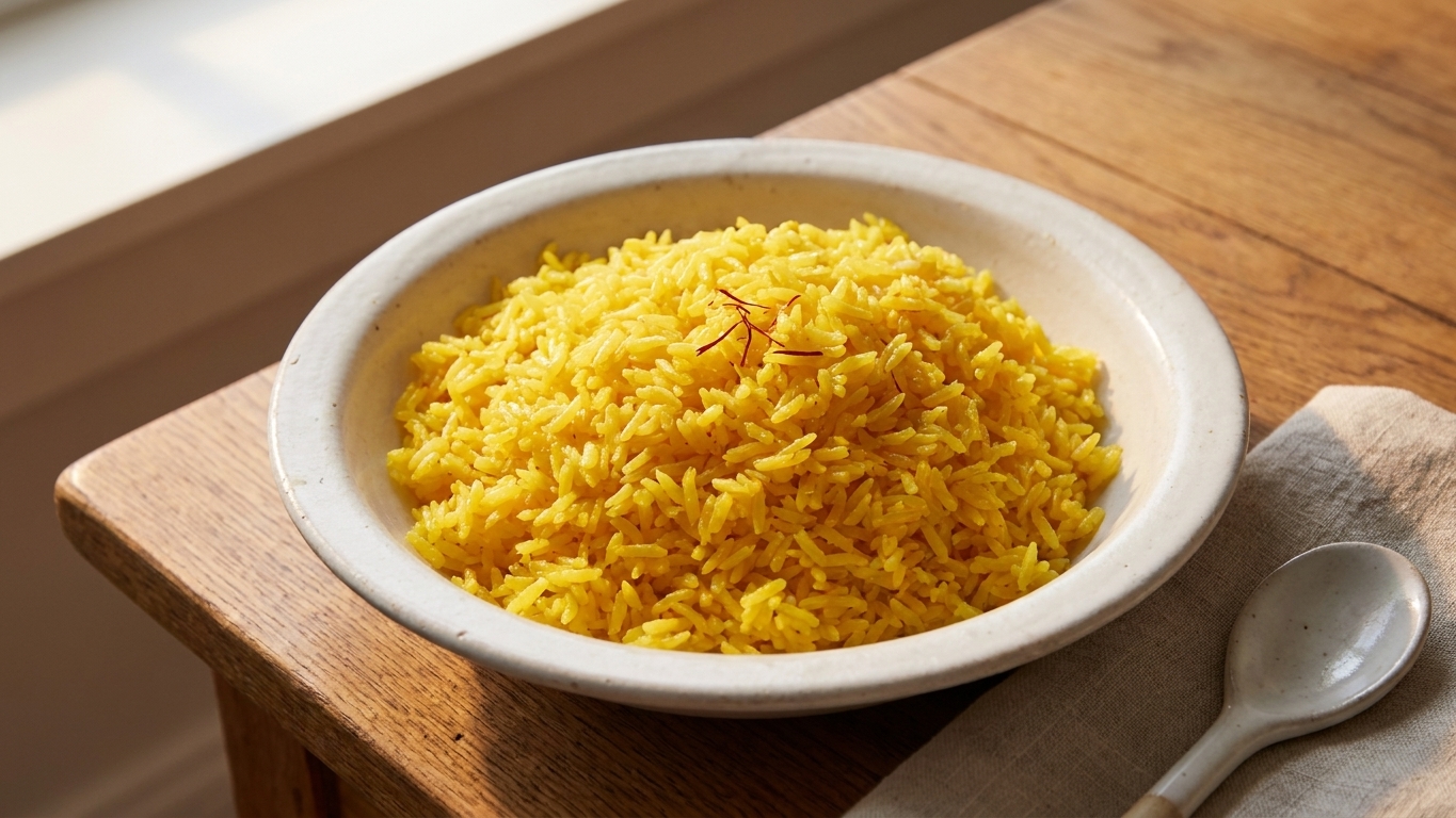 A shallow white bowl of fluffy golden saffron rice with visible separate grains on a warm wooden table, soft natural kitchen light