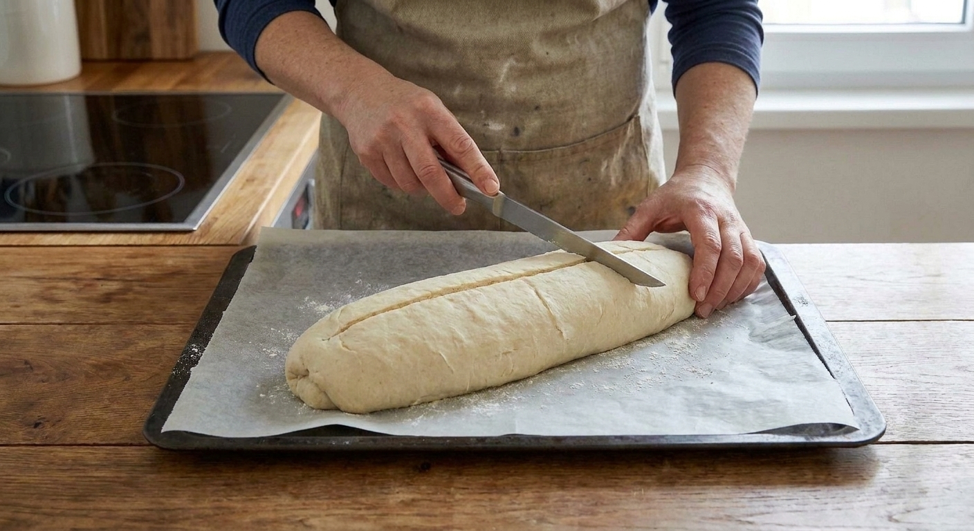 A shaped Cuban bread loaf on parchment paper being scored lengthwise with a sharp knife on a baking sheet