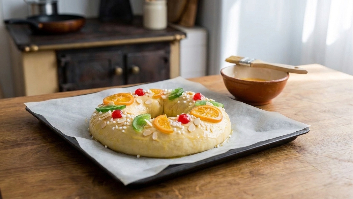 A shaped Roscon de Reyes dough ring topped with candied fruit and almonds on a baking sheet, ready to go into the oven