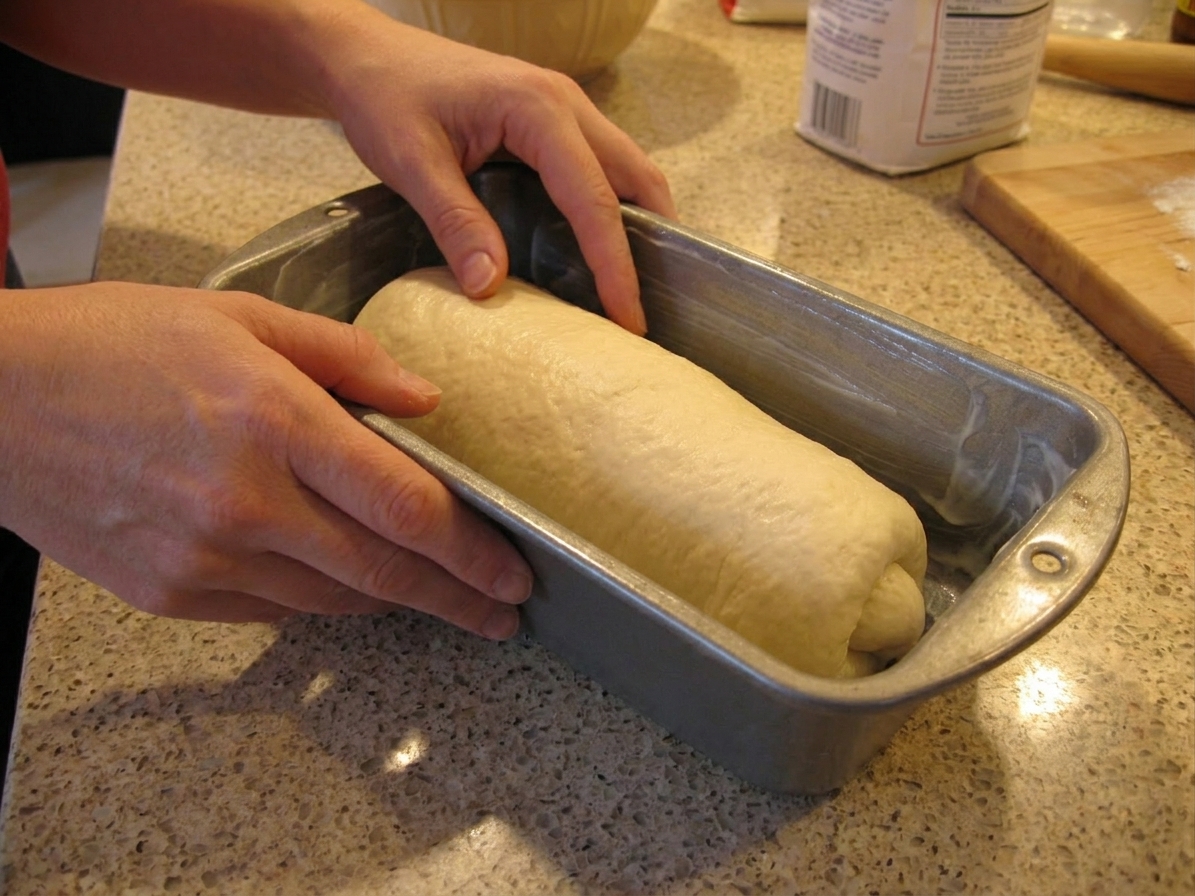 A shaped log of bread dough being placed seam-side down into a greased loaf pan on a kitchen counter