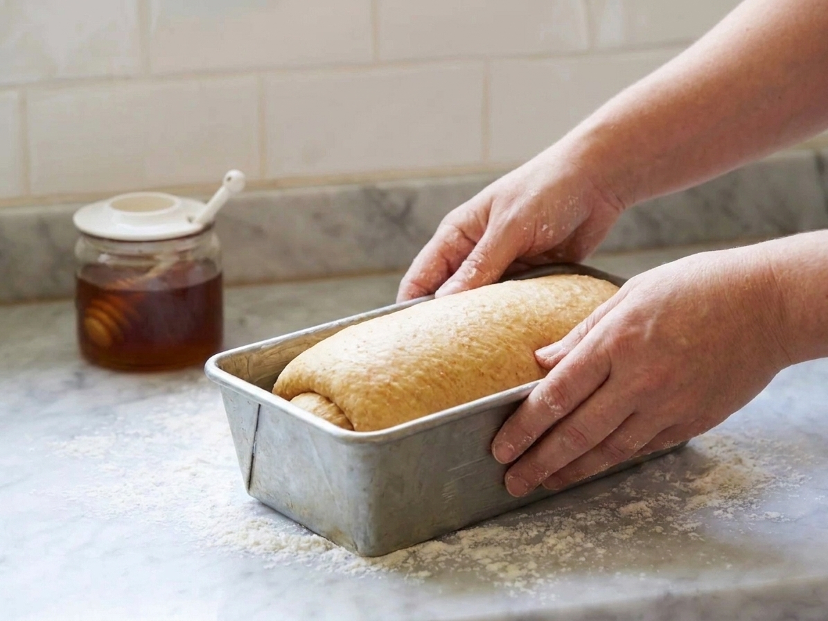 A shaped log of honey wheat bread dough being placed seam-side down into a greased loaf pan on a kitchen counter